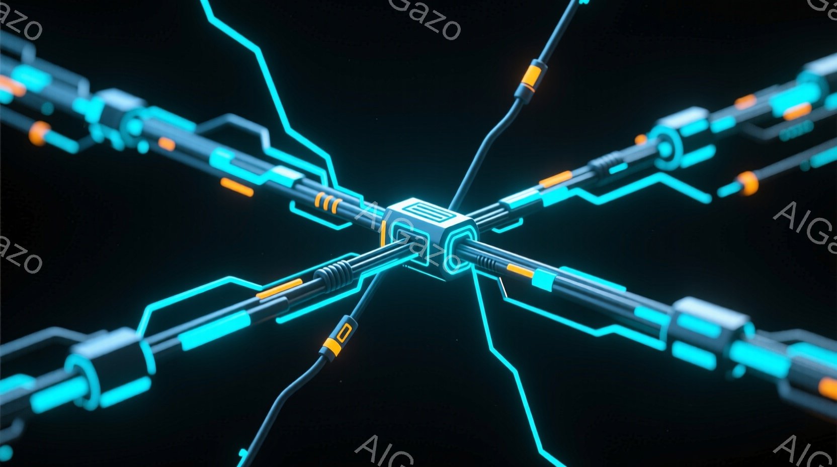 鮮やかなネオンブルーとオレンジ色の光が、暗い背景の中で交差する未来的な回路を描いています。幾何学的な形状と光のラインが複雑に絡み合い、データやエネルギーの流れを視覚化しているようです。全体的に、テクノ - AI生成フリー素材