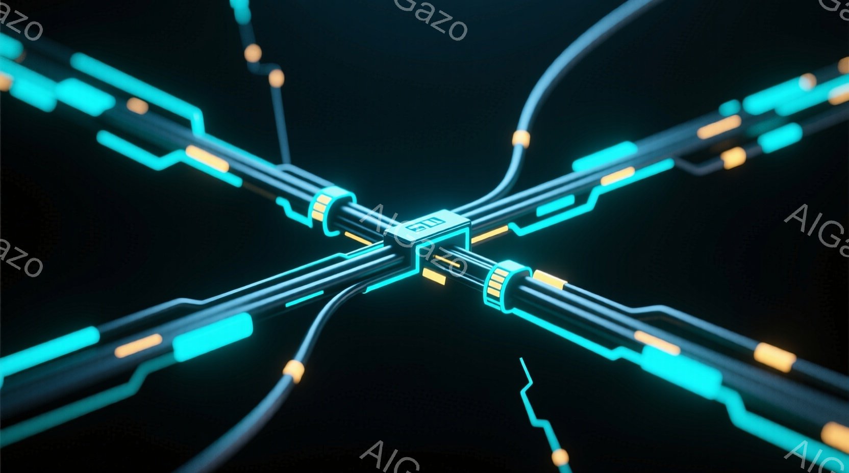 暗い背景に、発光する青とオレンジのラインが交差する抽象的な画像です。ラインは、中央の銀色の金属的な接続部に集約されています。全体的に未来的な回路やネットワークを連想させる、テクノロジー感のある雰囲気で - AI生成フリー素材