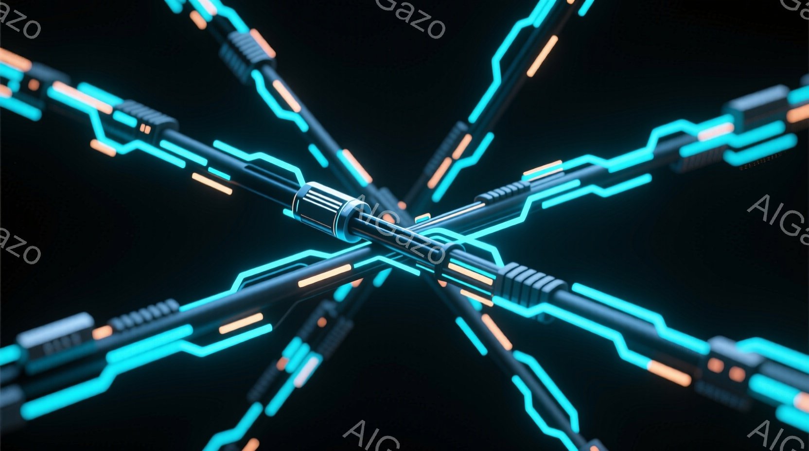 鮮やかなネオンブルーとオレンジ色の光が、中心点から放射状に広がる未来的な回路図のようなイメージです。光は金属的な質感のパイプ状の構造をしており、中心で交差しています。暗い背景が光のコントラストを強調し - AI生成フリー素材