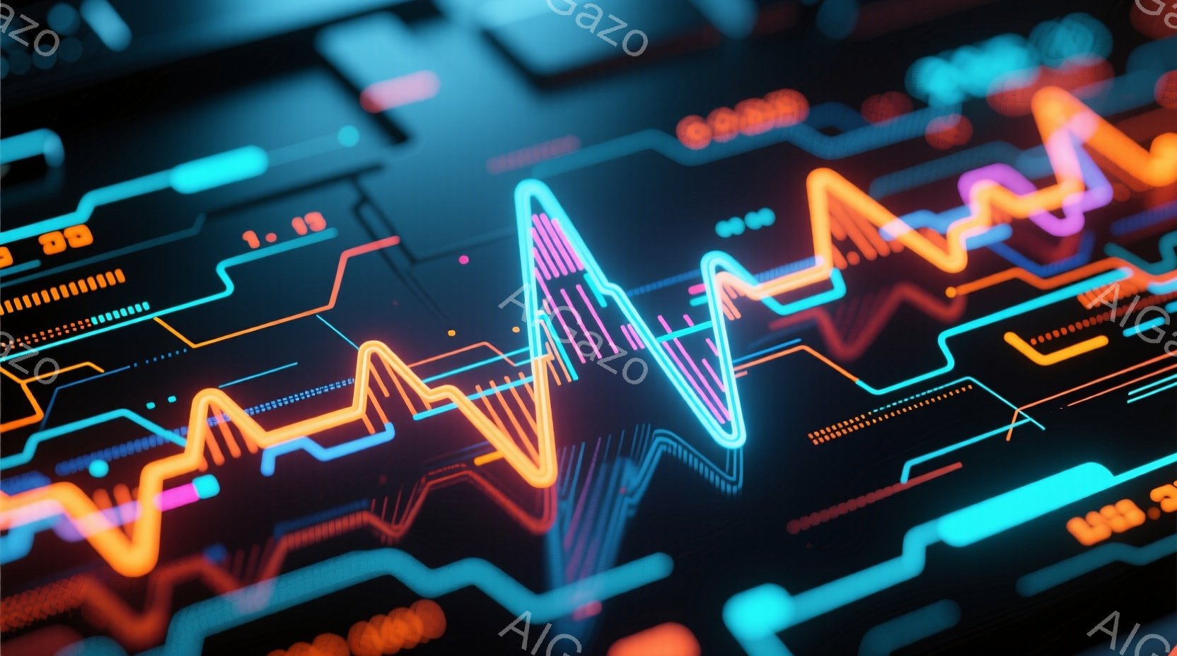 この画像は、暗い背景にネオンカラーの線が複雑に絡み合った抽象的な表現です。線は心電図のような波形を描き、生命やエネルギーの流れを連想させます。全体的に未来的な雰囲気で、テクノロジーや医療をテーマにした - AI生成フリー素材