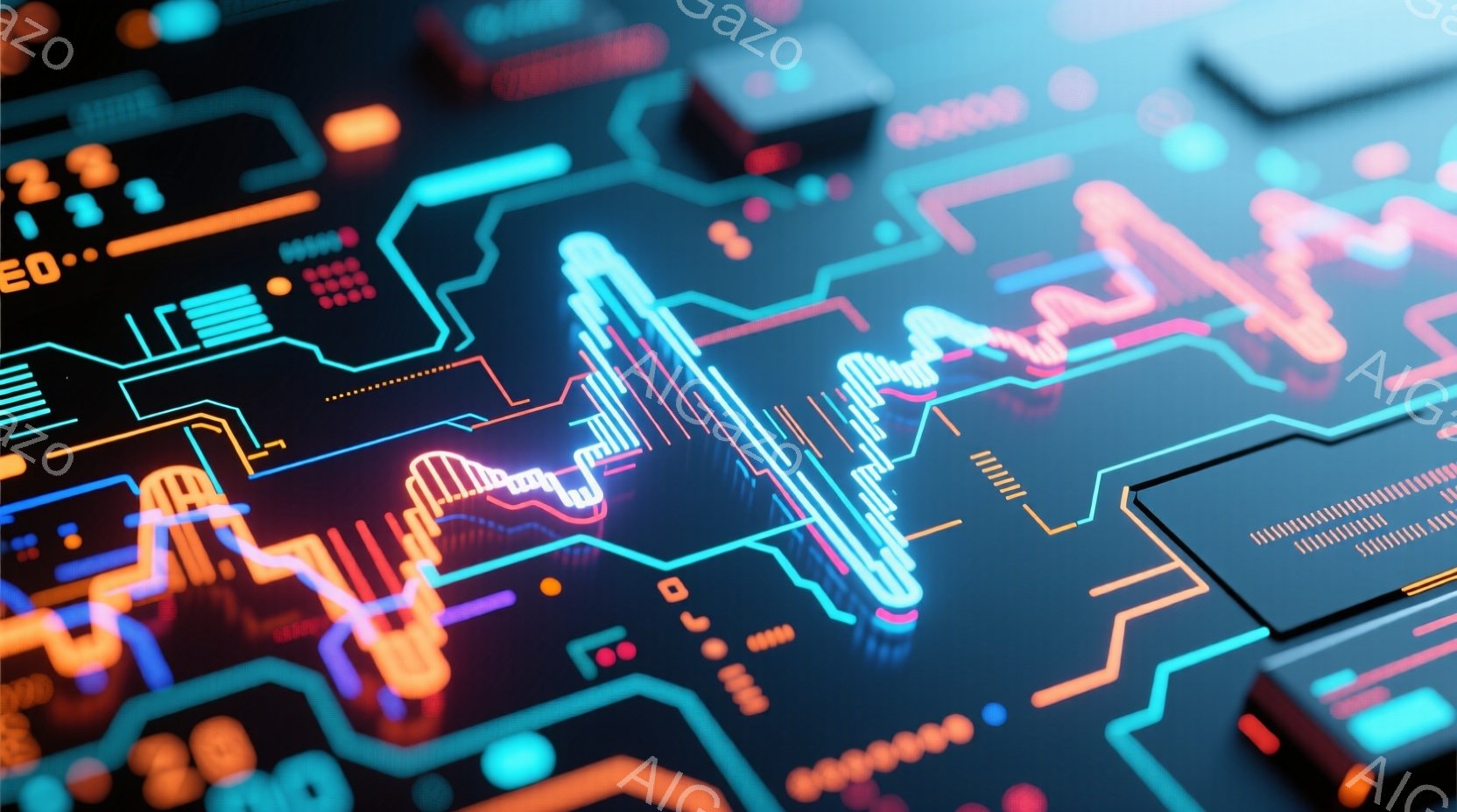 この画像は、鮮やかなネオンカラーで描かれた回路基板のクローズアップです。青、オレンジ、ピンクの線が複雑に絡み合い、未来的なテクノロジーを感じさせます。全体的に、電子機器やデジタル世界の抽象的な表現として見ることができます。