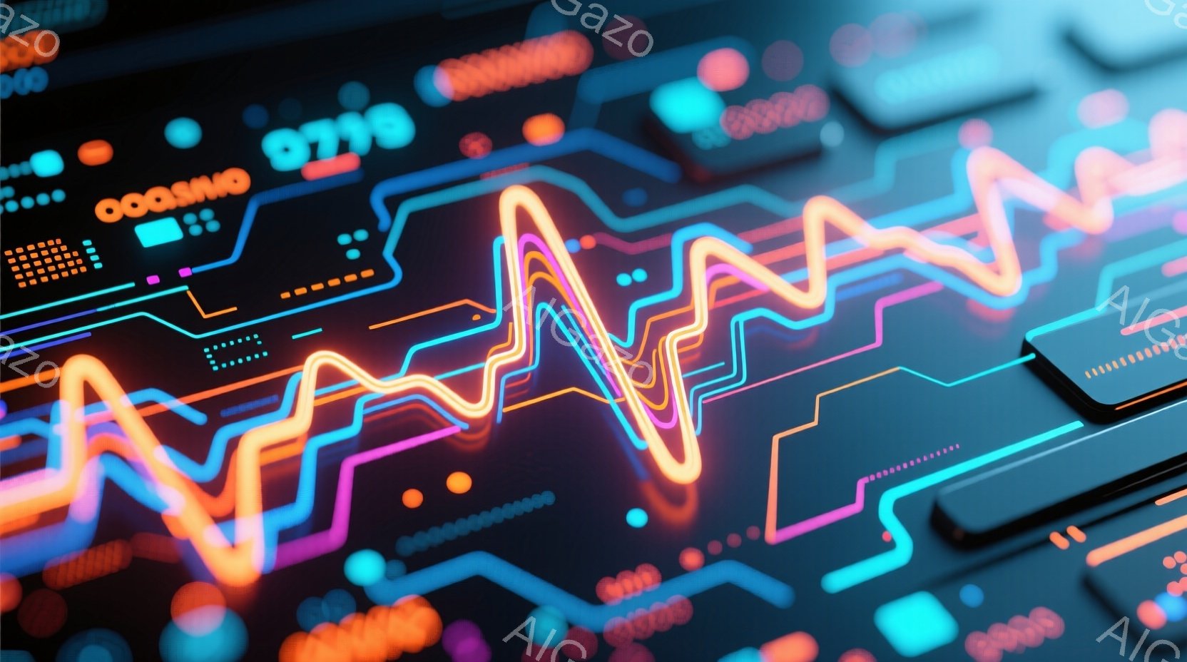 鮮やかなネオンカラーの線が、電子回路基板の上に脈打つ心電図のような波形を描いています。基板上には様々な電子部品が配置されており、暗い背景の中で光を放ち、未来的な印象を与えます。全体として、テクノロジー - AI生成フリー素材