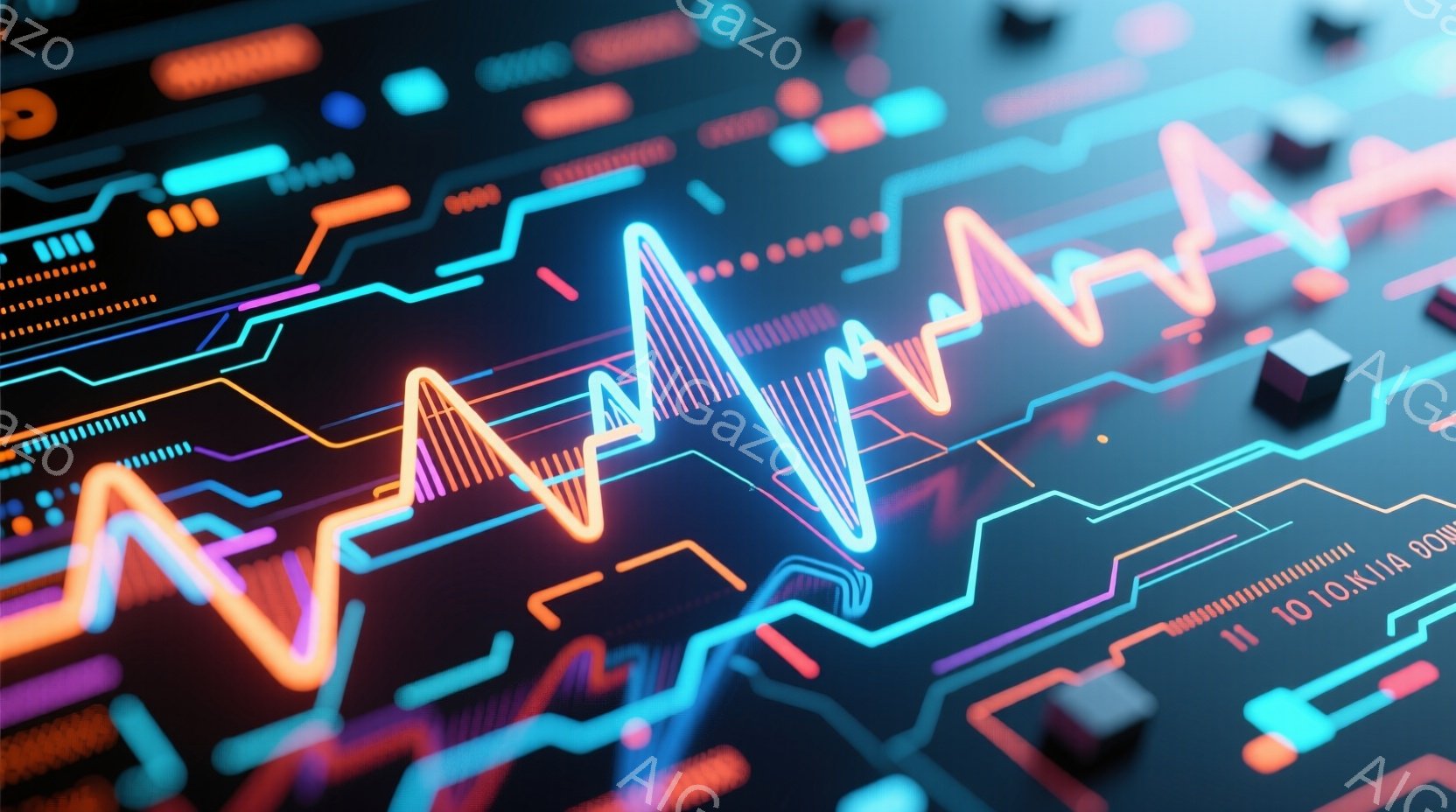 この画像は、複雑な回路基板を背景に、鮮やかなオレンジと青色の発光線が描かれた技術的なイメージです。光の線はまるで心電図のような波形を描き、基板上の電子部品と交差しています。全体的に未来的な雰囲気で、テ - AI生成フリー素材