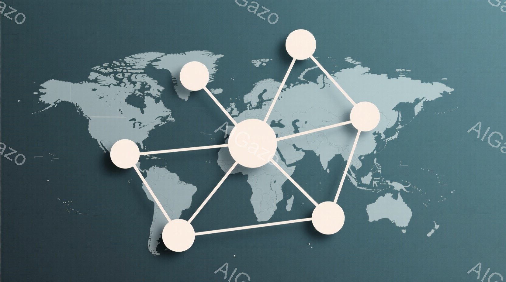 この画像は、水色の世界地図に白い円がいくつか配置され、それらが線で結ばれている様子を示しています。円は、大陸の様々な場所に配置されており、世界的なネットワークや繋がりを象徴しているように見えます。背景は濃い青色で、全体的にモダンでミニマルな印象を与えます。