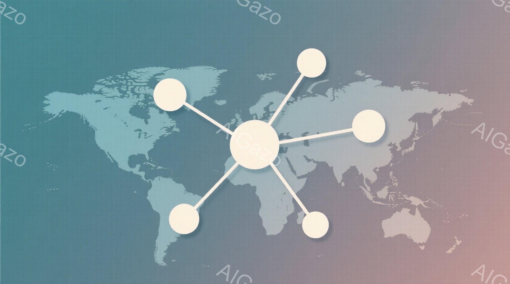 この画像は世界地図を背景に、複数の円が線で結ばれた様子を描いています。円は、北アメリカ、南アメリカ、ヨーロッパ、アフリカ、アジア、オーストラリアの各大陸の位置に配置されており、グローバルな繋がりやネッ - AI生成フリー素材