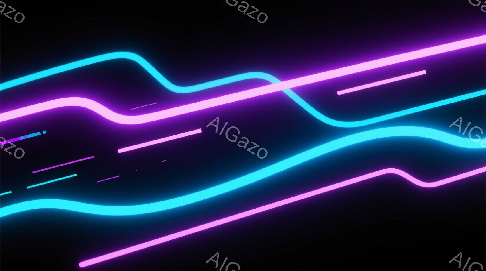 漆黒の背景に、鮮やかな水色とピンク色のネオンライトが流れるように配置されている。光は曲線や直線で構成され、まるで未来的なエネルギーの流れや回路を表現しているかのようだ。全体的に、静かで神秘的な雰囲気を醸し出している。