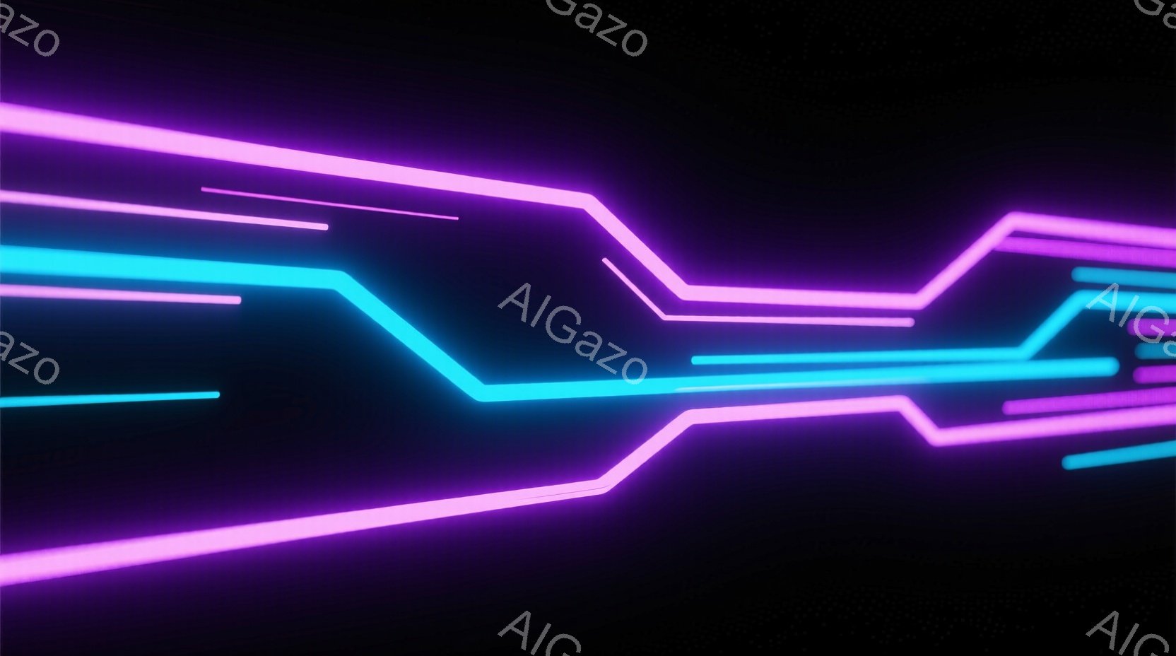 この画像は、暗い背景にネオンピンクとターコイズブルーの線が複雑に絡み合って構成された抽象的な光のパターンです。線は様々な長さと角度で配置され、未来的な回路やエネルギーの流れを連想させます。全体的に、鮮やかでダイナミックな雰囲気であり、サイバーパンクやテクノロジーをテーマにしたビジュアルに最適です。