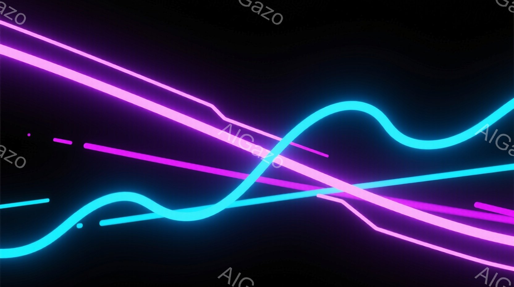 暗い背景に、鮮やかな水色とピンク色の光の線が交差するように描かれています。線はネオンサインのように光り、未来的な印象を与えます。全体的に、動きとエネルギーを感じさせる抽象的なイメージです。 - AI生成フリー素材