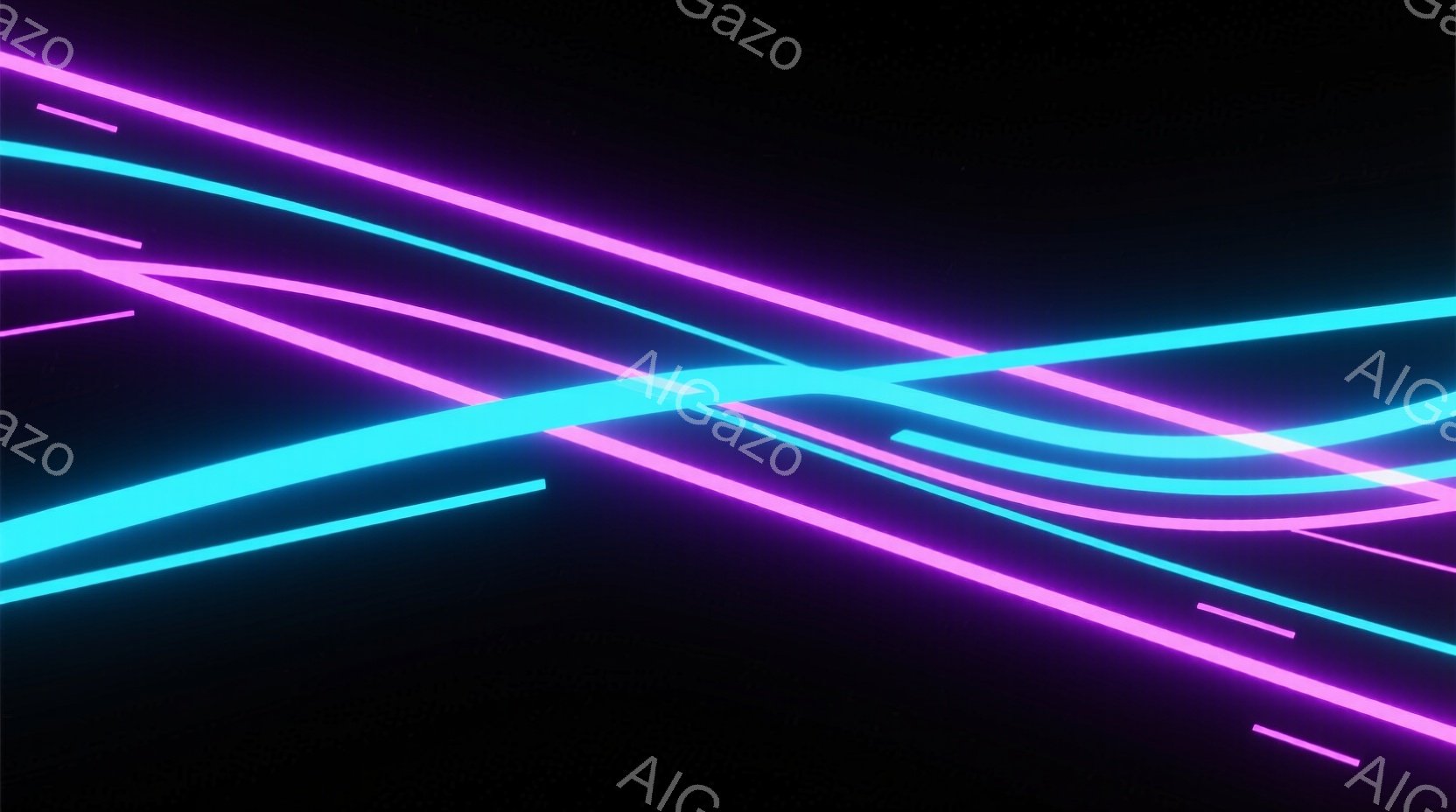 鮮やかなネオンピンクとターコイズブルーの線が、暗い背景を斜めに横切る抽象的な画像です。線は光の軌跡のように輝き、未来的なエネルギーを感じさせます。全体的に、ミニマルでスタイリッシュな雰囲気で、サイバーパンクやデジタルアートを連想させます。