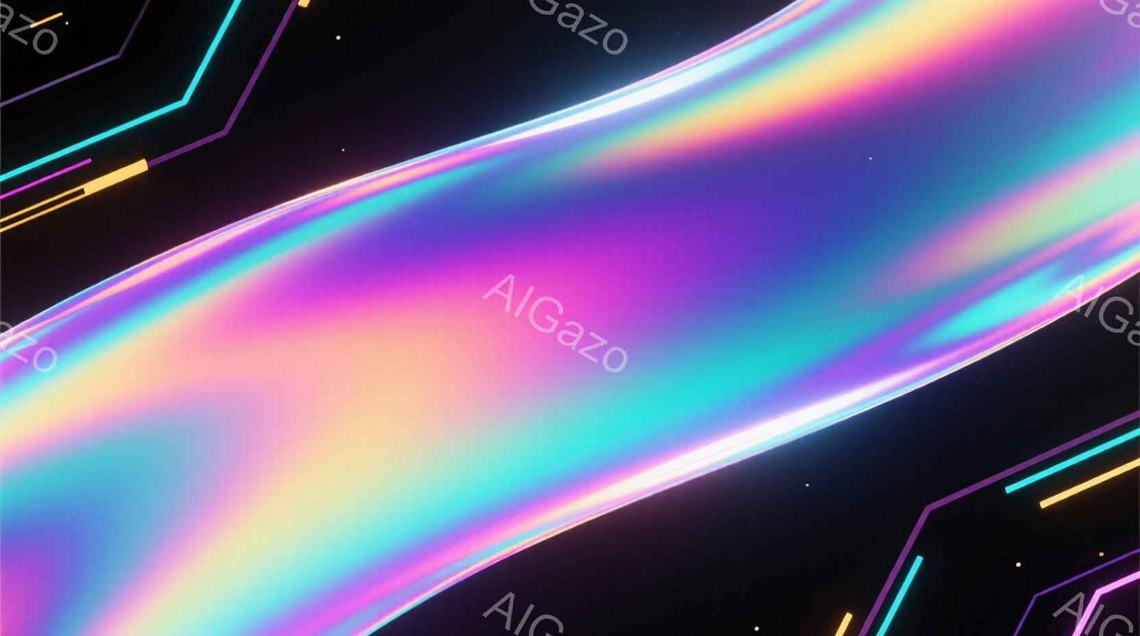 鮮やかな虹色のグラデーションが、暗闇の背景に流れるように広がっている抽象的な画像です。ネオンカラーのラインが斜めに交差し、未来的な雰囲気を醸し出しています。全体的に、光と色のコントラストが強調され、サイバーパンクやデジタルアートを彷彿とさせる印象です。