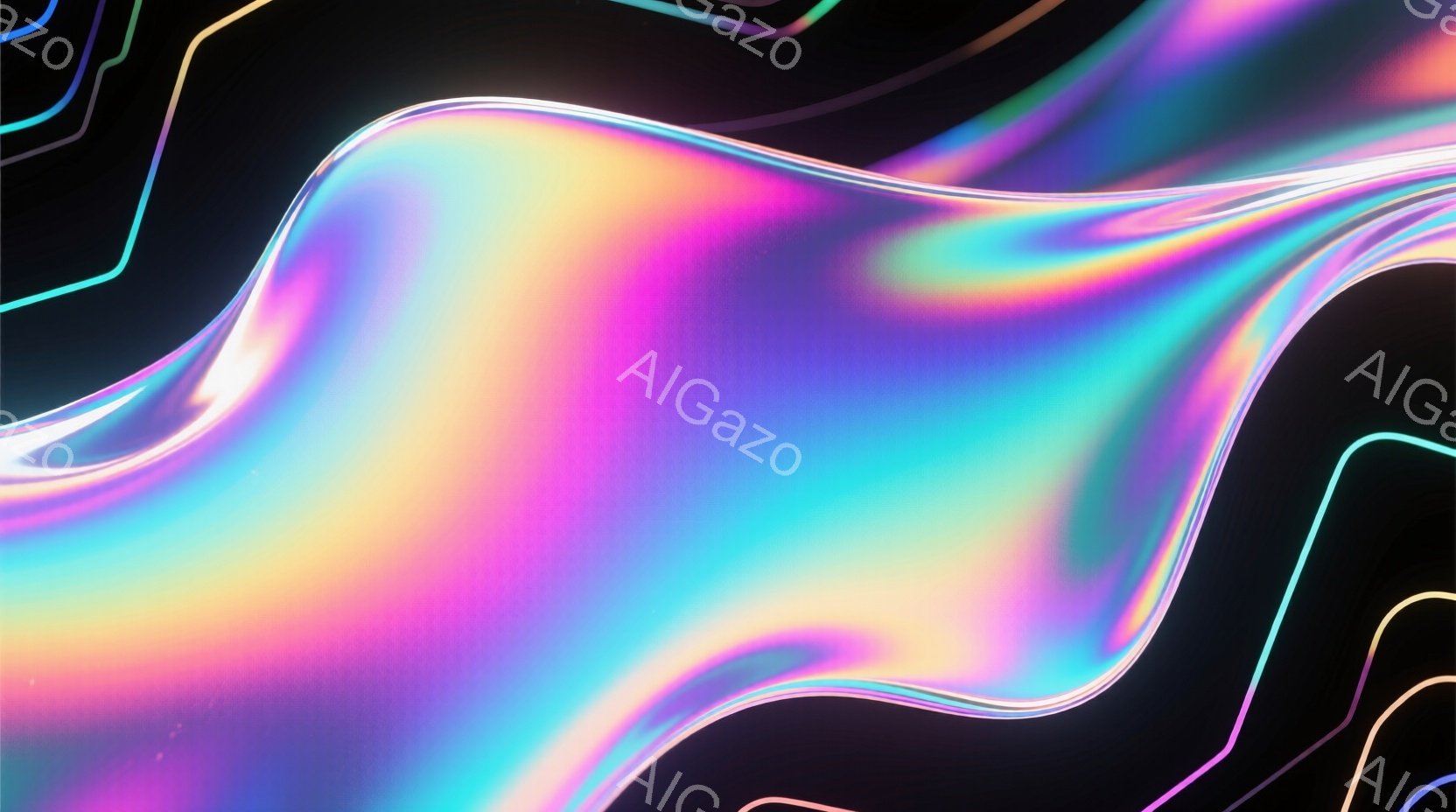 鮮やかな虹色の光が、まるで液体金属のように波打ち、流れるような形をしています。黒色の背景に浮かび上がり、光の反射と屈折が複雑な模様を作り出しています。全体的に未来的な雰囲気で、抽象的で幻想的な光の表現が印象的です。