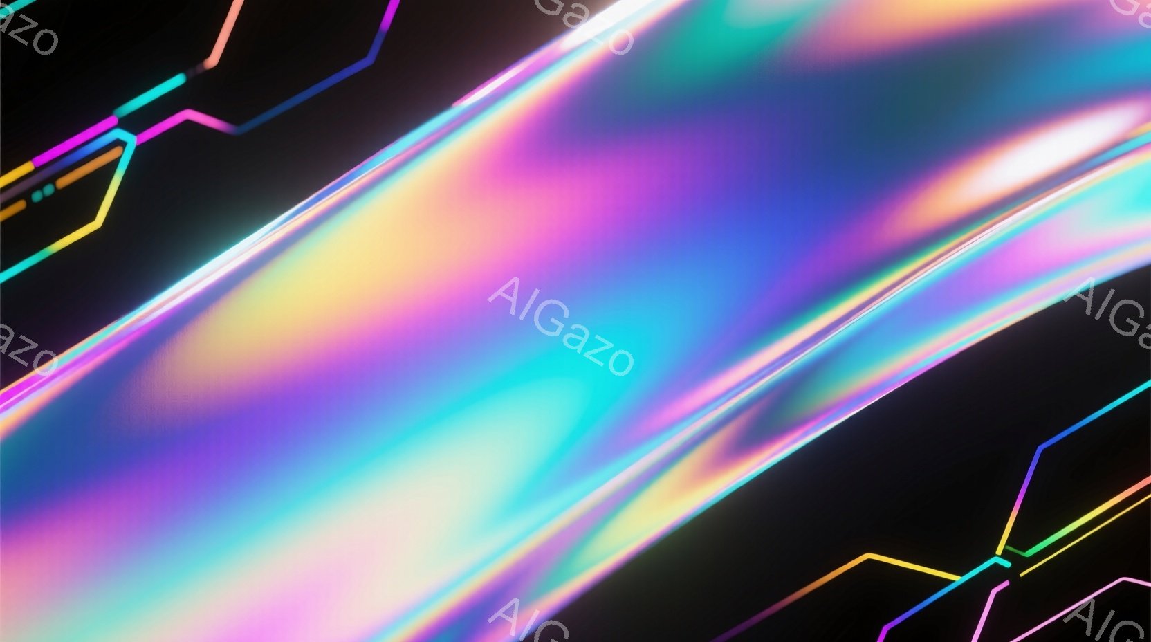 鮮やかな虹色の光が、黒い背景を斜めに横切る抽象的な画像です。光は滑らかで流動的であり、まるで何らかのエネルギーの流れを表しているかのようです。明るいネオンカラーの線が光を縁取り、未来的な雰囲気を醸し出しています。