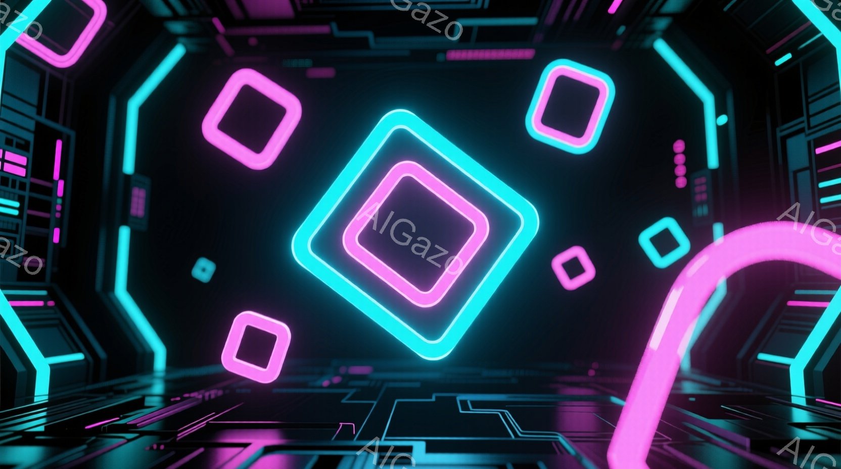 この画像は、ネオンカラーの光る線で構成された、未来的な空間を描いています。床や壁には複雑な回路模様が広がり、様々な大きさのネオンピンクとターコイズブルーの正方形が浮遊しています。全体的にサイバーパンク - AI生成フリー素材