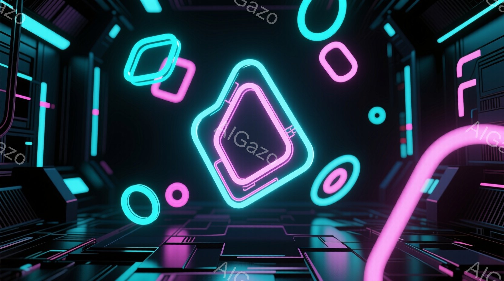 この画像は、ネオンライトで照らされたサイバーパンクな空間を描いています。床は幾何学的なパターンで構成され、天井からはさまざまな形のネオンライトが吊り下げられています。全体的に未来的な雰囲気で、鮮やかなピンクと青色が印象的です。