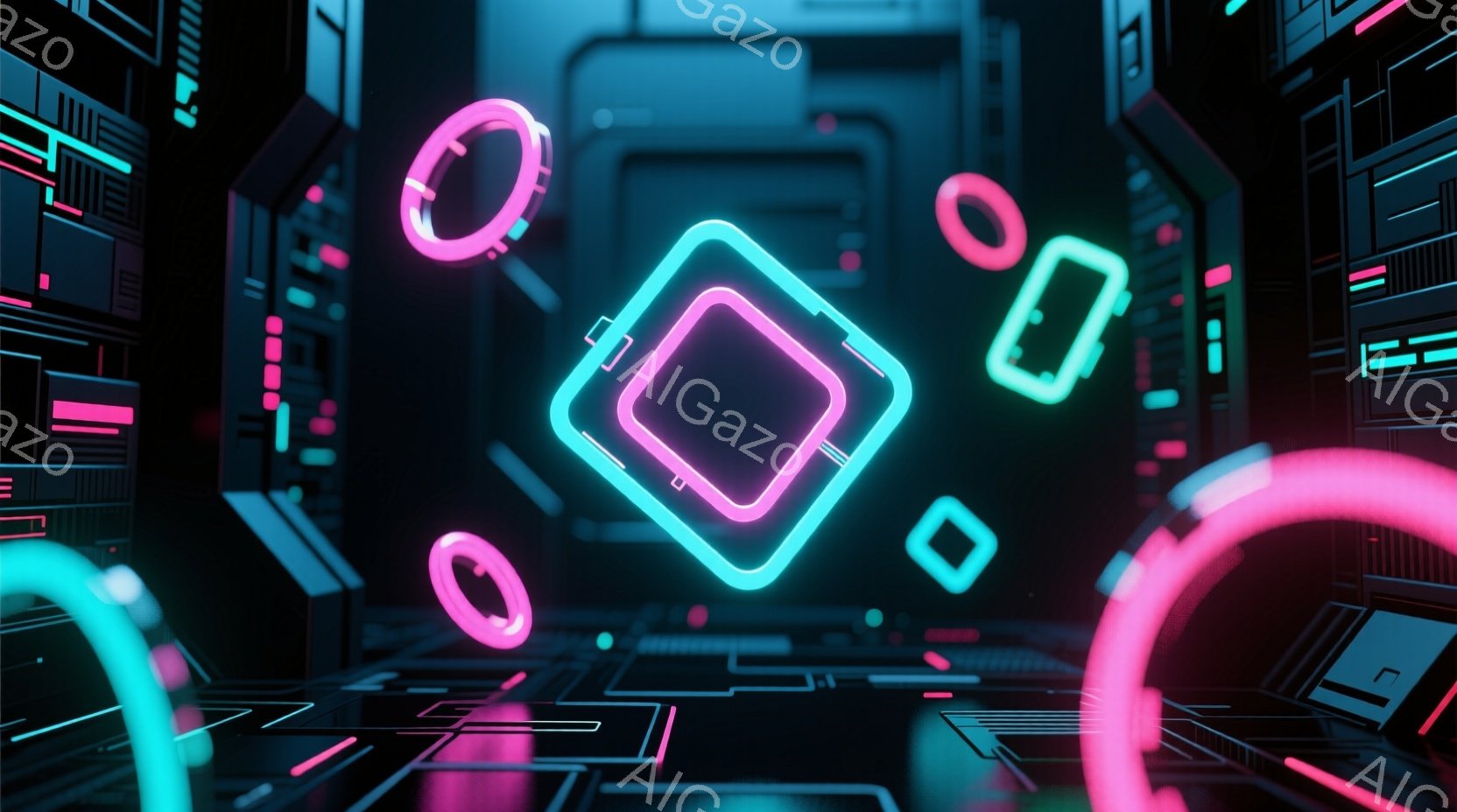 鮮やかなネオンカラーの幾何学的な図形が暗闇の中に浮かび上がっている様子が描かれている。中央には大きな正方形が配置され、その周りを様々な大きさの円や小さな正方形が囲んでいる。背景は未来的な回路や構造物で構成され、サイバーパンクやデジタルアートの世界観を想起させる鮮烈な光のコントラストが印象的だ。