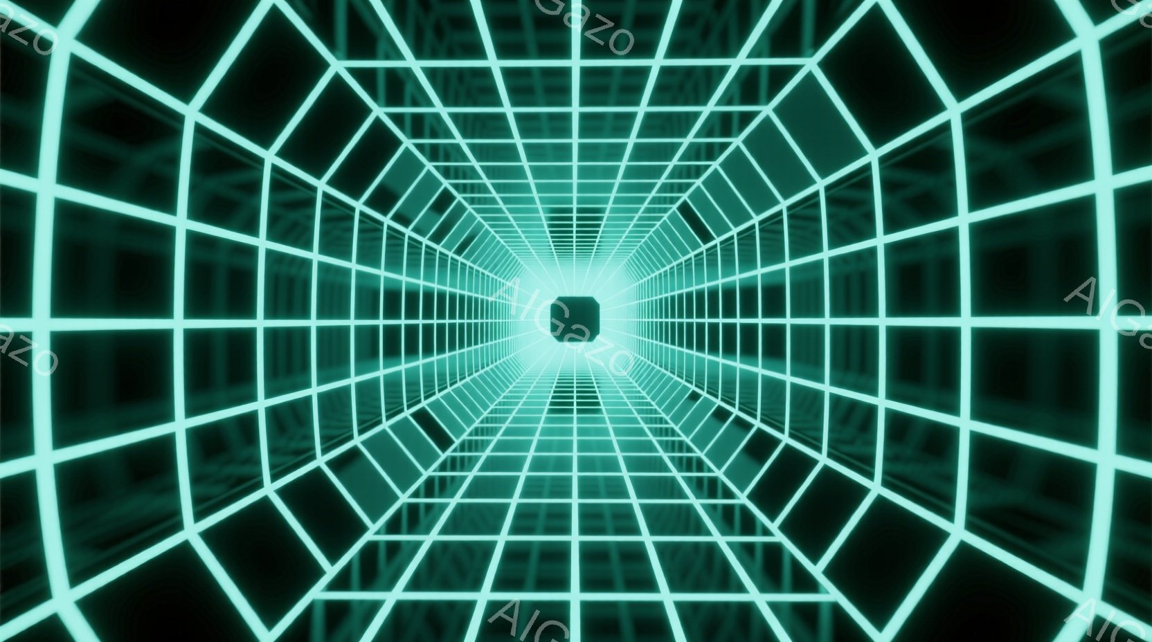鮮やかな緑色のグリッドが、遠近法を利用して無限に続くトンネルのような空間を形成している。グリッド線は中心に向かって収束し、視覚的な奥行きと運動感を強調している。全体的に未来的な、サイバーパンク風の雰囲気で、光の粒子が漂うような視覚効果が施されている。