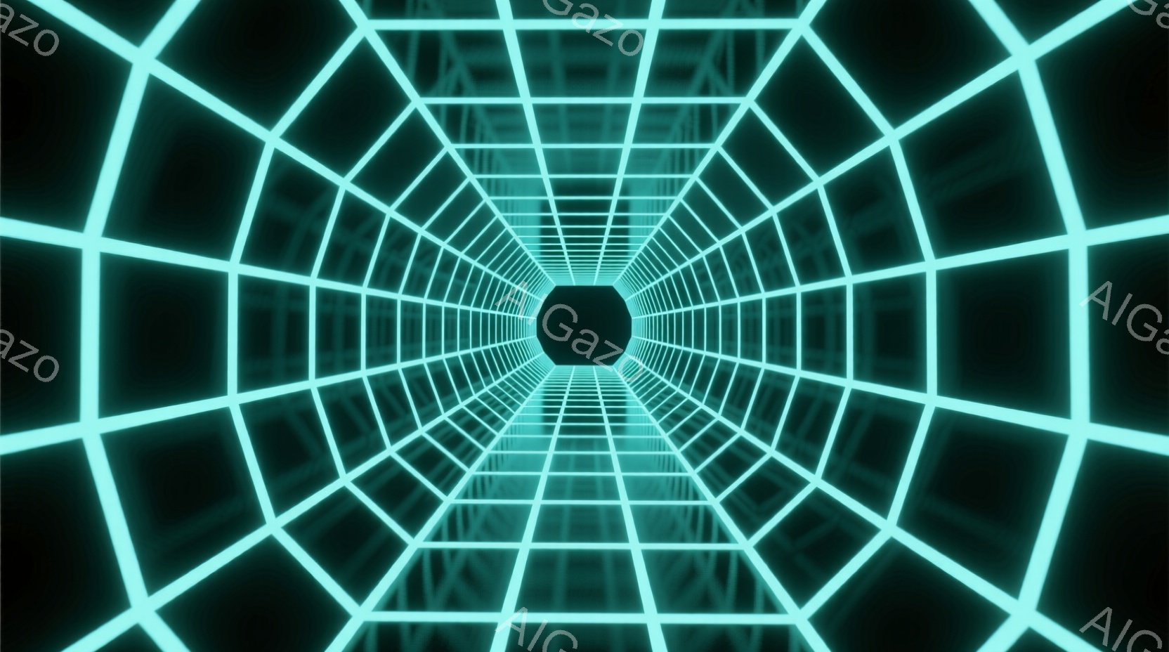 この画像は、緑色の光る線で構成された、無限に続くトンネルのような視覚効果を示しています。線は放射状に収束し、暗闇の中心点へと続いており、未来的なサイバー空間やデジタル世界の雰囲気を醸し出しています。鮮やかな色彩と幾何学的な構造が、没入感のある視覚体験を生み出しています。