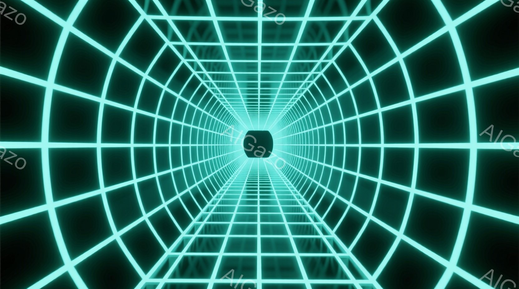この画像は、光る緑色のグリッド線が放射状に広がるトンネルのような視覚効果を表しています。中心には暗い黒い空間があり、奥行きと無限の感覚を強調しています。全体的に未来的な、サイバーパンク的な雰囲気を持ち、まるで仮想空間への入り口のようです。