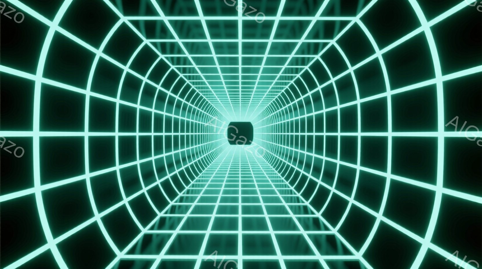 鮮やかな緑色のグリッドが、遠近法を用いて無限に続くトンネルを形成している。グリッドは曲線を描き、中心に向かって収束し、視覚的な奥行きを生み出している。全体的に未来的な、またはデジタルな雰囲気を持ち、まるでサイバー空間への入り口のようだ。