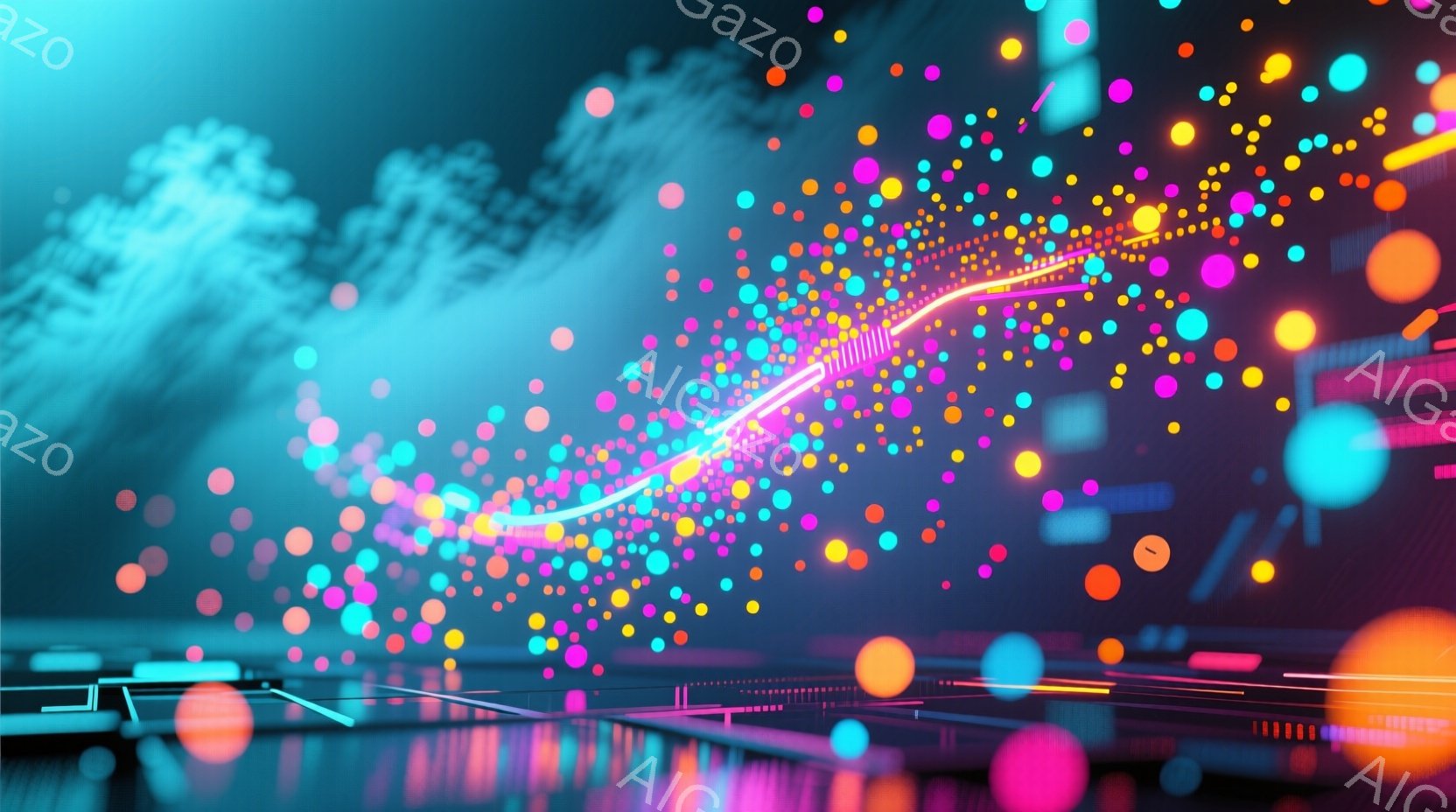 鮮やかなネオンカラーの光の粒子が、暗い背景に散りばめられています。光の帯が画面を横切り、未来的な都市の風景がぼんやりと見えます。全体的に、サイバーパンクで幻想的な雰囲気を醸し出しています。 - AI生成フリー素材