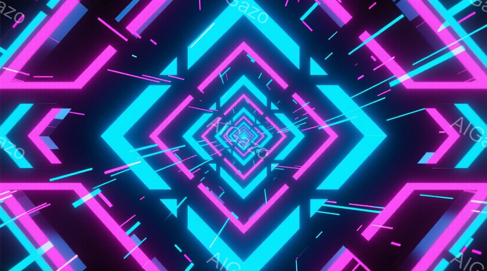 鮮やかなネオンピンクとターコイズブルーの光のトンネルが、無限に続くように広がっている。幾何学的な形状が規則的に配置され、奥行きのある視覚効果を生み出している。全体的に未来的な雰囲気で、サイバーパンクやデジタルアートを連想させる。