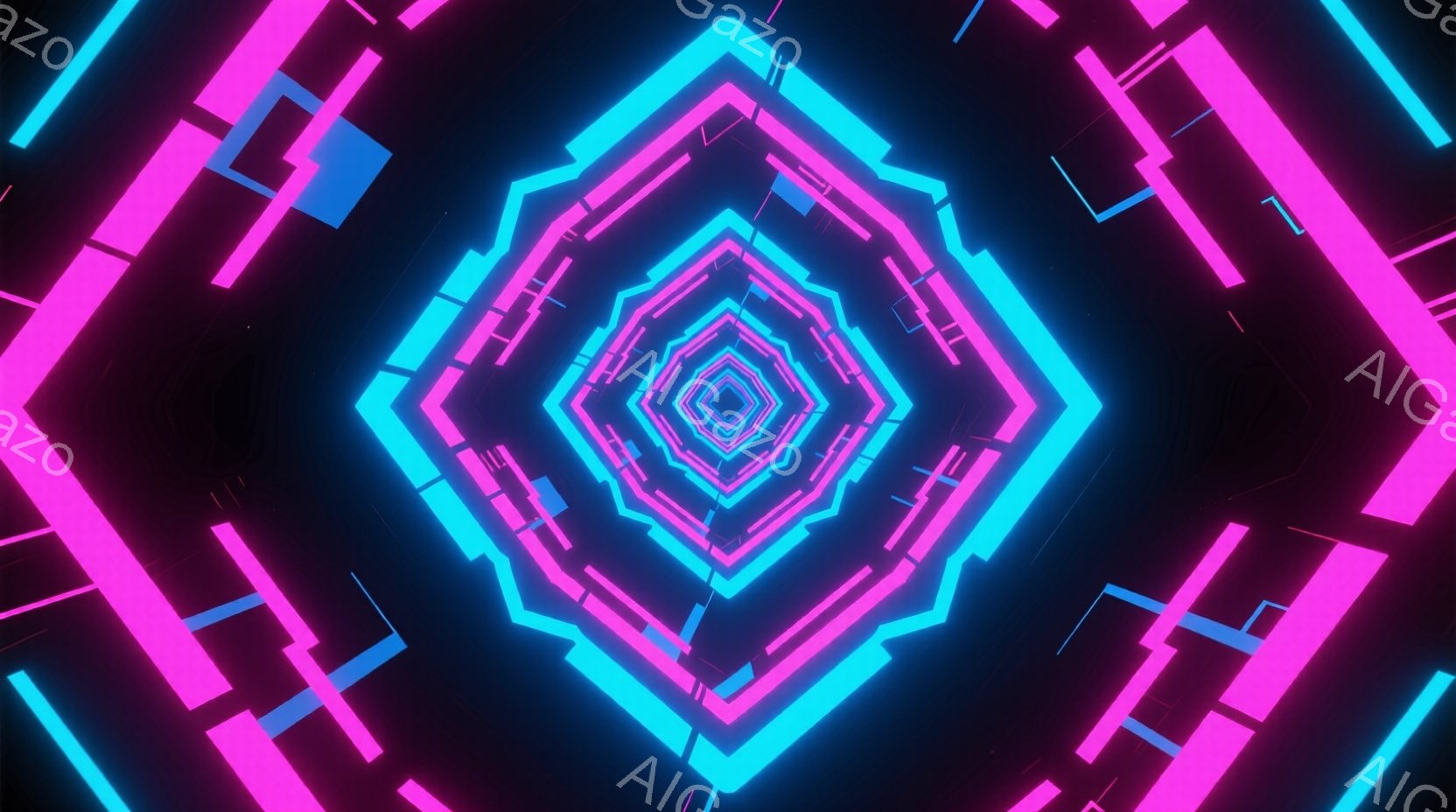 鮮やかなネオンピンクとターコイズブルーの光が、無限に続くトンネルのような空間を形作っています。幾何学的な正方形が中心に向かって縮小し、奥行きと没入感を強調しています。光の強さと色のコントラストにより、 - AI生成フリー素材
