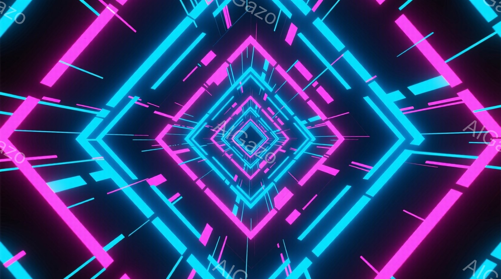 鮮やかなネオンピンクとターコイズブルーの線が、無限に続くトンネルのような空間を構成している。線は規則的に配置されながらも、奥行きを強調するため不規則な長さに変化しており、未来的なサイバー空間を想起させる。全体的に暗い背景が、ネオンカラーの輝きを際立たせ、没入感のある視覚体験を生み出している。