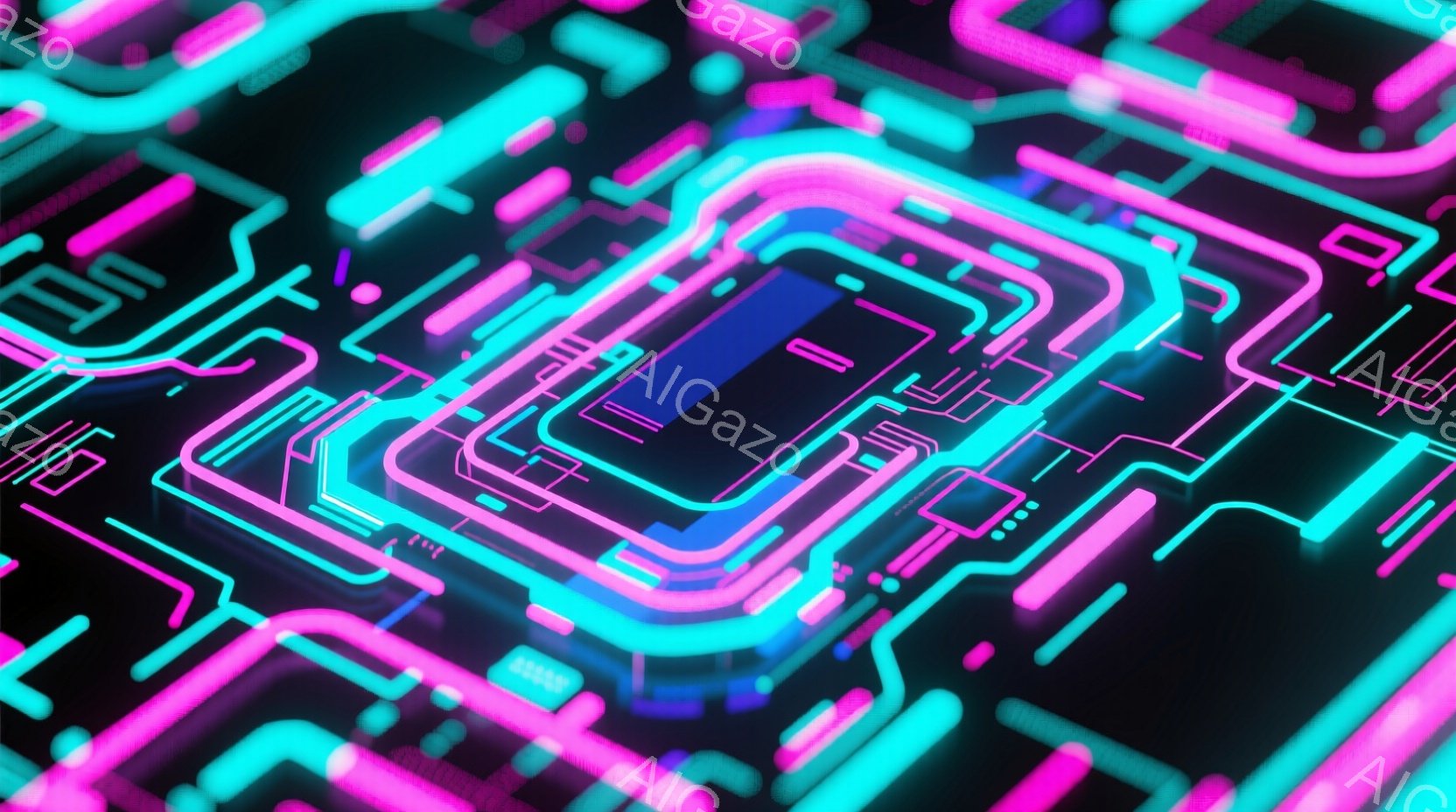 鮮やかなネオンピンクとターコイズブルーの光が、複雑な回路基板のようなパターンを形成している。暗い背景に浮かび上がり、未来的なテクノロジーやサイバー空間を想起させる、鮮烈で幻想的な雰囲気を醸し出している - AI生成フリー素材
