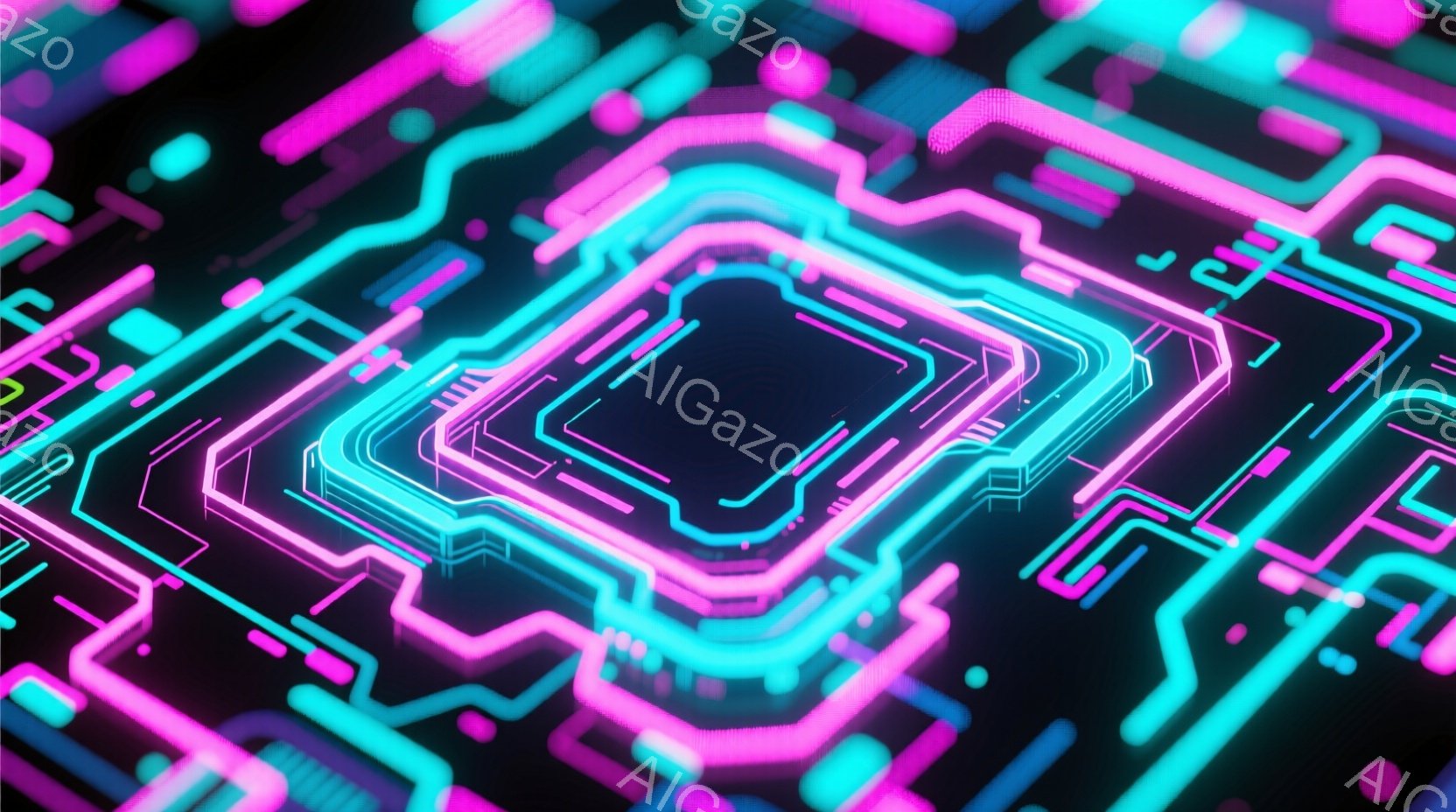 鮮やかなネオンピンクとターコイズブルーの線が複雑に絡み合い、回路基板のような未来的な構造を形成しています。線は立体的に表現され、黒い背景に浮かび上がることで、サイバーパンクな雰囲気とテクノロジーの進歩を感じさせます。全体として、デジタル世界を象徴するような、クールで洗練された印象を与える画像です。