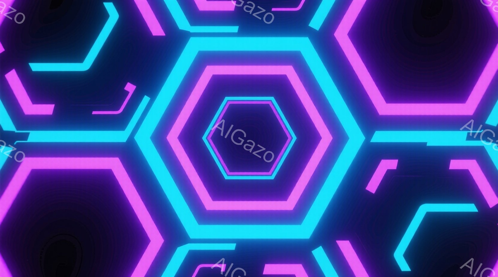 鮮やかなネオンピンクとターコイズブルーの六角形が、暗い背景の中で無限に連なるトンネルのような構造を形成している。六角形は中心に向かって小さくなり、奥行きと無限の空間を強調している。全体的に未来的な、サ - AI生成フリー素材