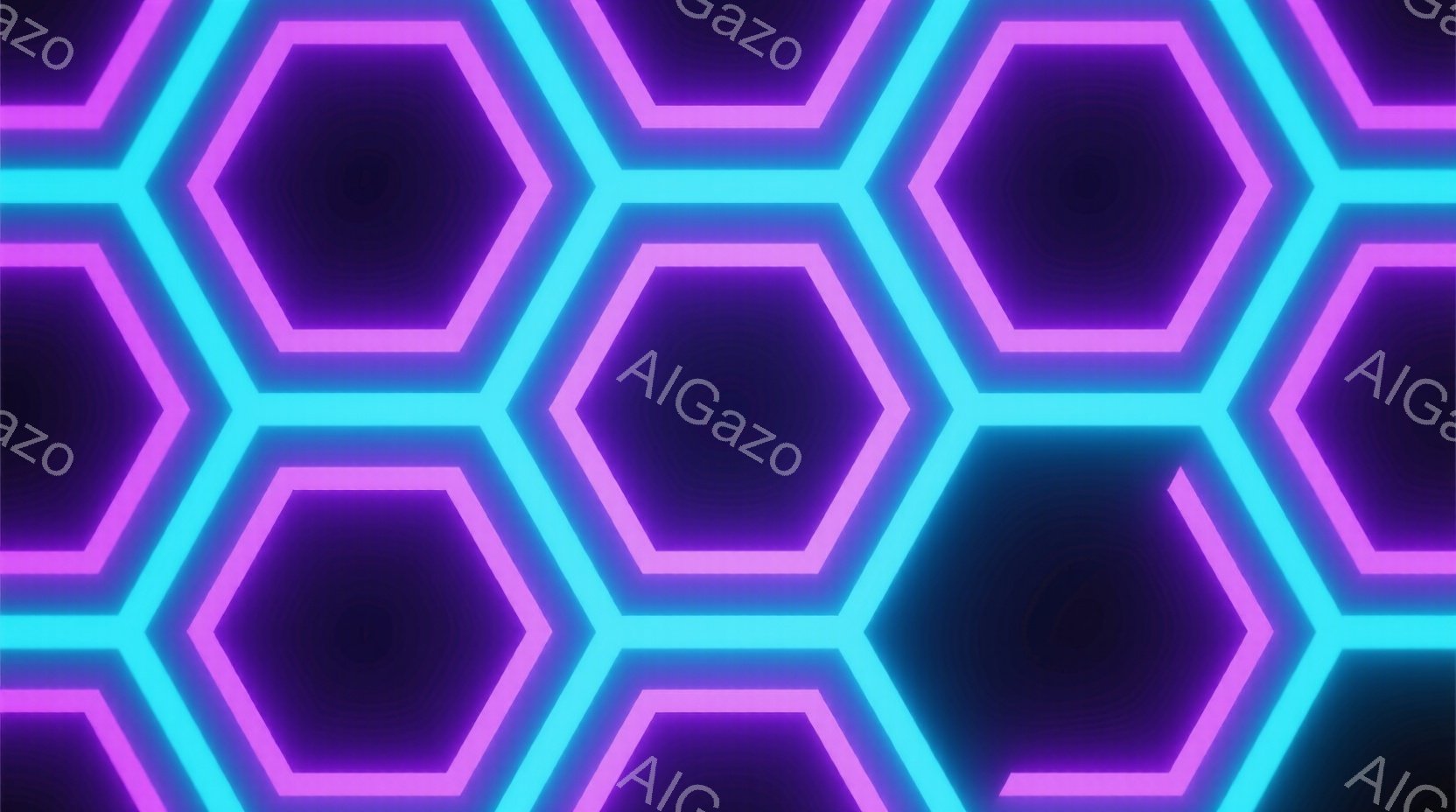 鮮やかなネオンピンクと水色の六角形が、黒い背景に無数に並んでいます。光のラインはくっきりと際立っており、未来的な幾何学模様を作り出しています。全体的に、サイバーパンクやテクノロジーを連想させる、エネル - AI生成フリー素材