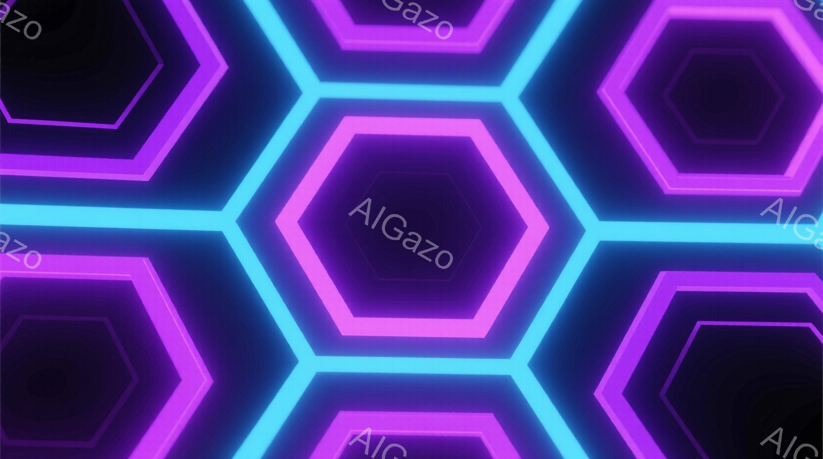 鮮やかなネオンカラーの六角形が幾重にも重なり合った抽象的な背景です。青と紫の色調がグラデーションで繋がり、未来的な雰囲気を醸し出しています。奥行きを感じさせる光の表現が、視覚的なインパクトを与えます。 - AI生成フリー素材