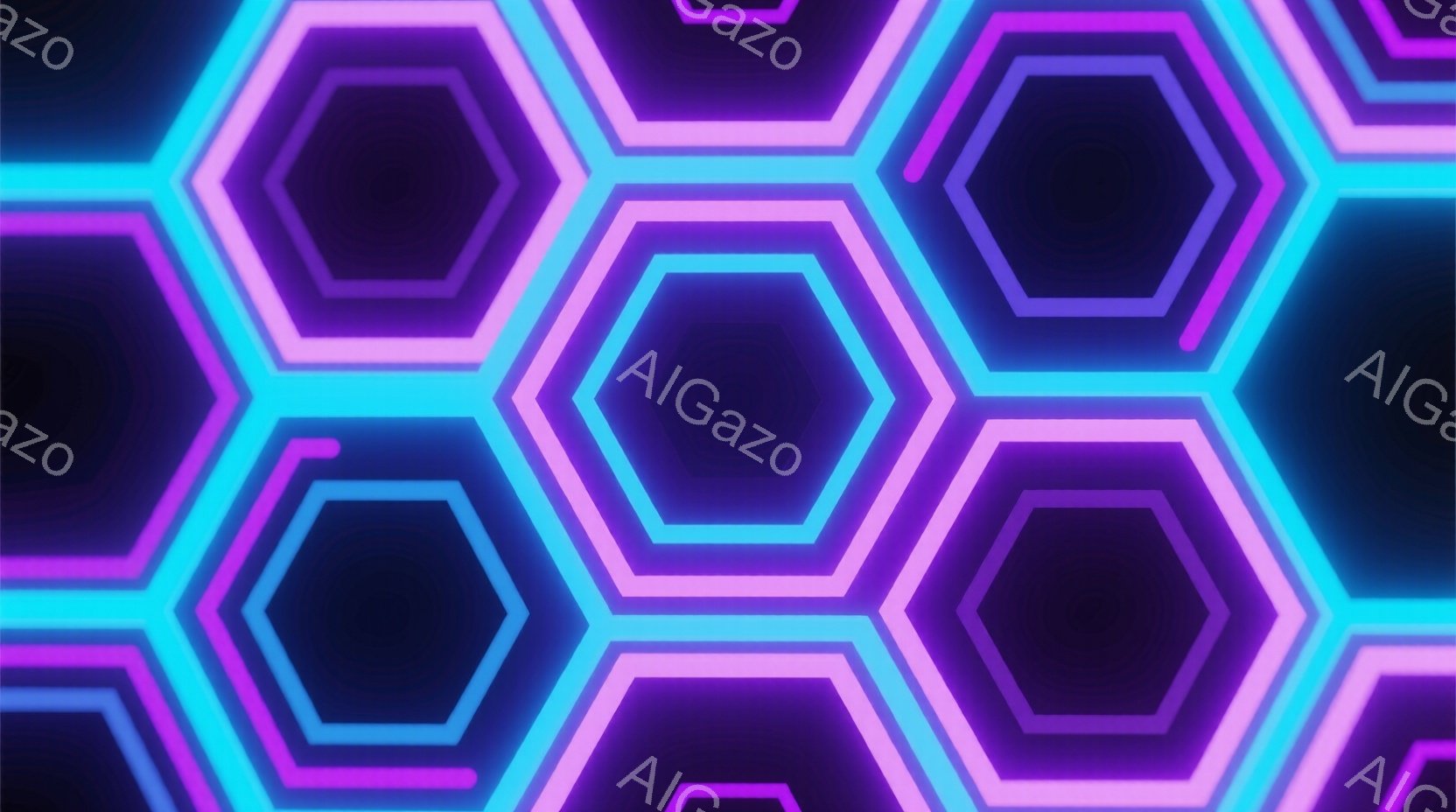 鮮やかなネオンカラーの六角形が、黒い背景に規則的に並んでいます。ピンクと水色のグラデーションが、未来的な印象を与え、まるでサイバー空間のような雰囲気を醸し出しています。このパターンは、幾何学的で洗練されたデザインであり、視覚的な刺激を与えます。