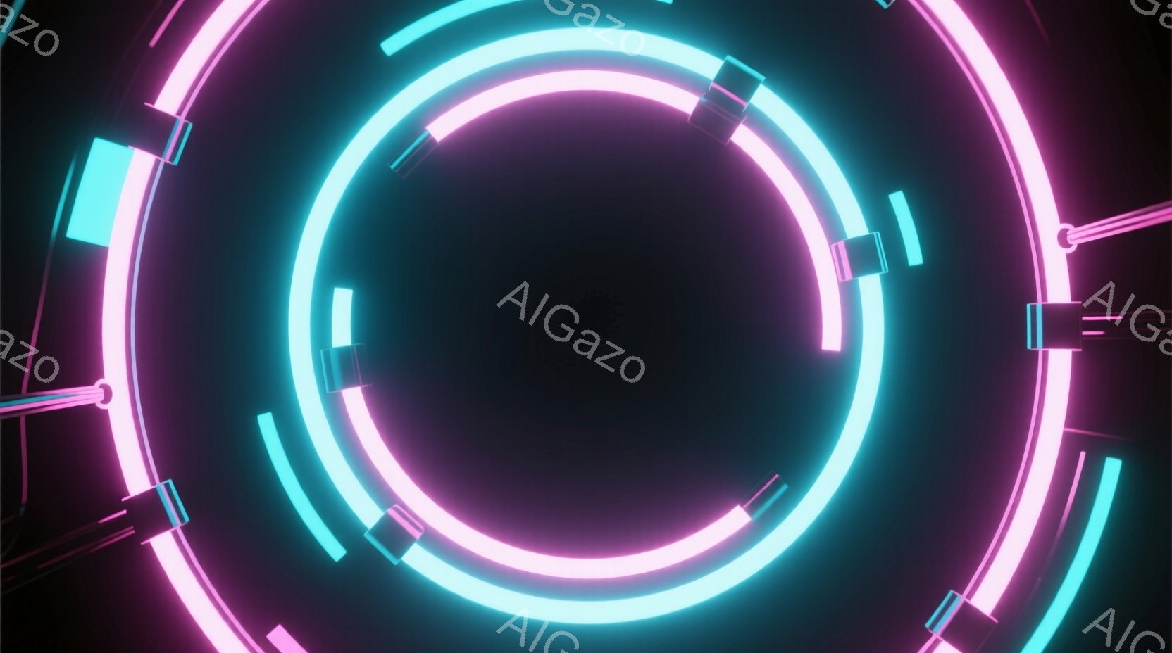 鮮やかなネオンピンクとターコイズブルーの光が、同心円状に配置されたチューブ状の構造物を照らし出している。光は暗い背景の中で輝き、未来的な雰囲気と、サイバーパンクのような印象を与える。チューブ構造物には短い直線的な光のセグメントが等間隔で配置されており、デザインにリズム感と視覚的な面白さを加えている。