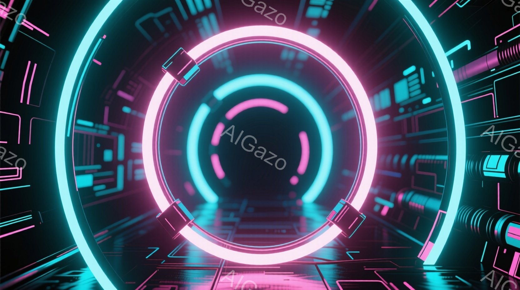 鮮やかなネオンライトで構成されたトンネルが描かれています。青色の発光するリングが中心に位置し、ピンク色の幾何学模様が背景に複雑に絡み合っています。全体的に未来的なデジタル空間を思わせる、サイバーパンク風の雰囲気です。