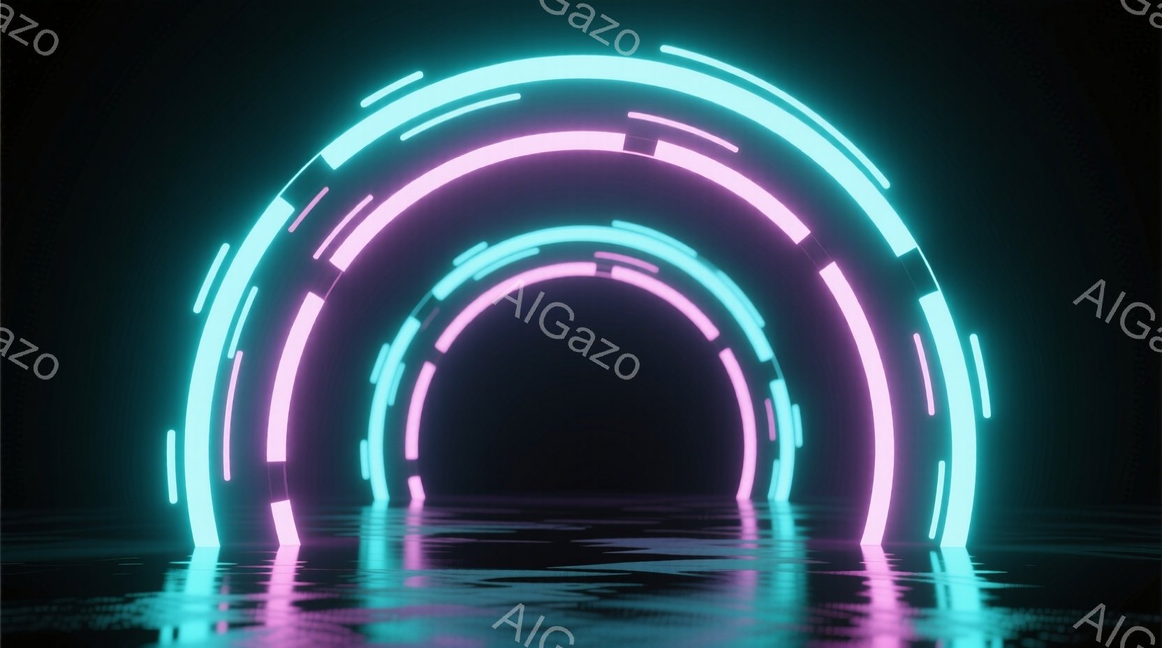 暗闇の中に、ネオンピンクと青緑色の発光する円形のトンネルが水面に反射して浮かび上がっている。幾何学的な線が断続的に並び、未来的な雰囲気を醸し出している。水面は滑らかで、光の反射が幻想的な奥行きを生み出している。