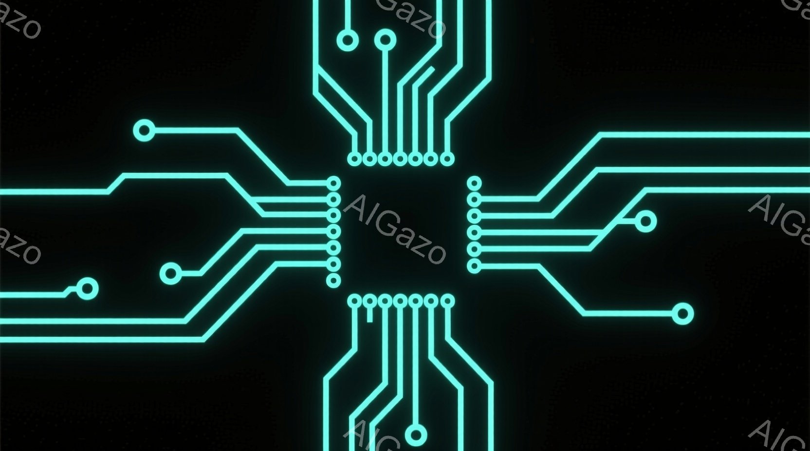 鮮やかなターコイズブルーの線が、黒い背景の上に複雑な回路のようなパターンを描いています。中心には多くの小さな円があり、そこから放射状に線が伸び、途中で折れ曲がったり、他の線と交差したりしています。全体 - AI生成フリー素材