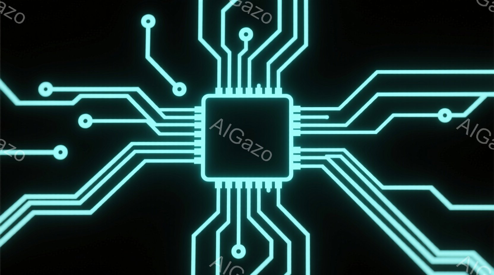 鮮やかなネオンブルーの線が、黒い背景に複雑な回路図のようなパターンを描き出している。中心には小さな四角いチップがあり、そこから放射状に細い線が伸び、ところどころに円形のノードが配置されている。全体として、未来的なテクノロジーやデジタルネットワークを想起させる、クールで洗練された印象を与えるビジュアルである。