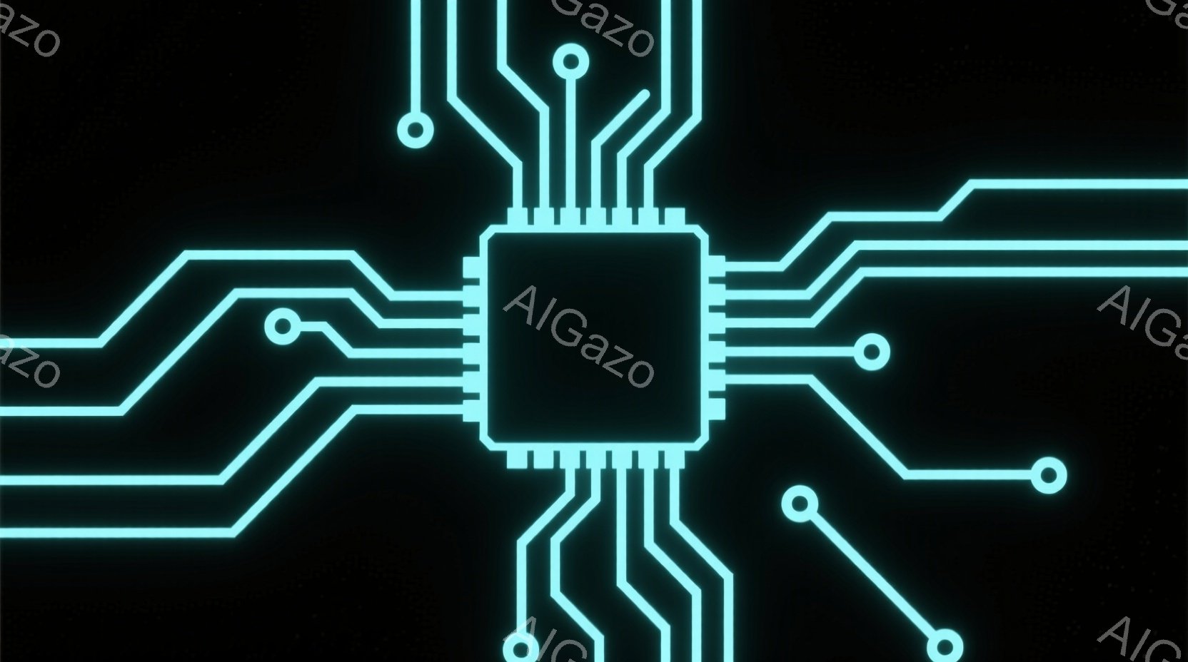 暗い背景に、明るいターコイズブルーの線で描かれた電子回路が浮かび上がっています。中央には、ピンが多数並んだ四角いICチップが配置され、そこから放射状に細い線が伸びています。全体的に未来的な印象で、テクノロジーやデジタル世界を象徴しているように見えます。