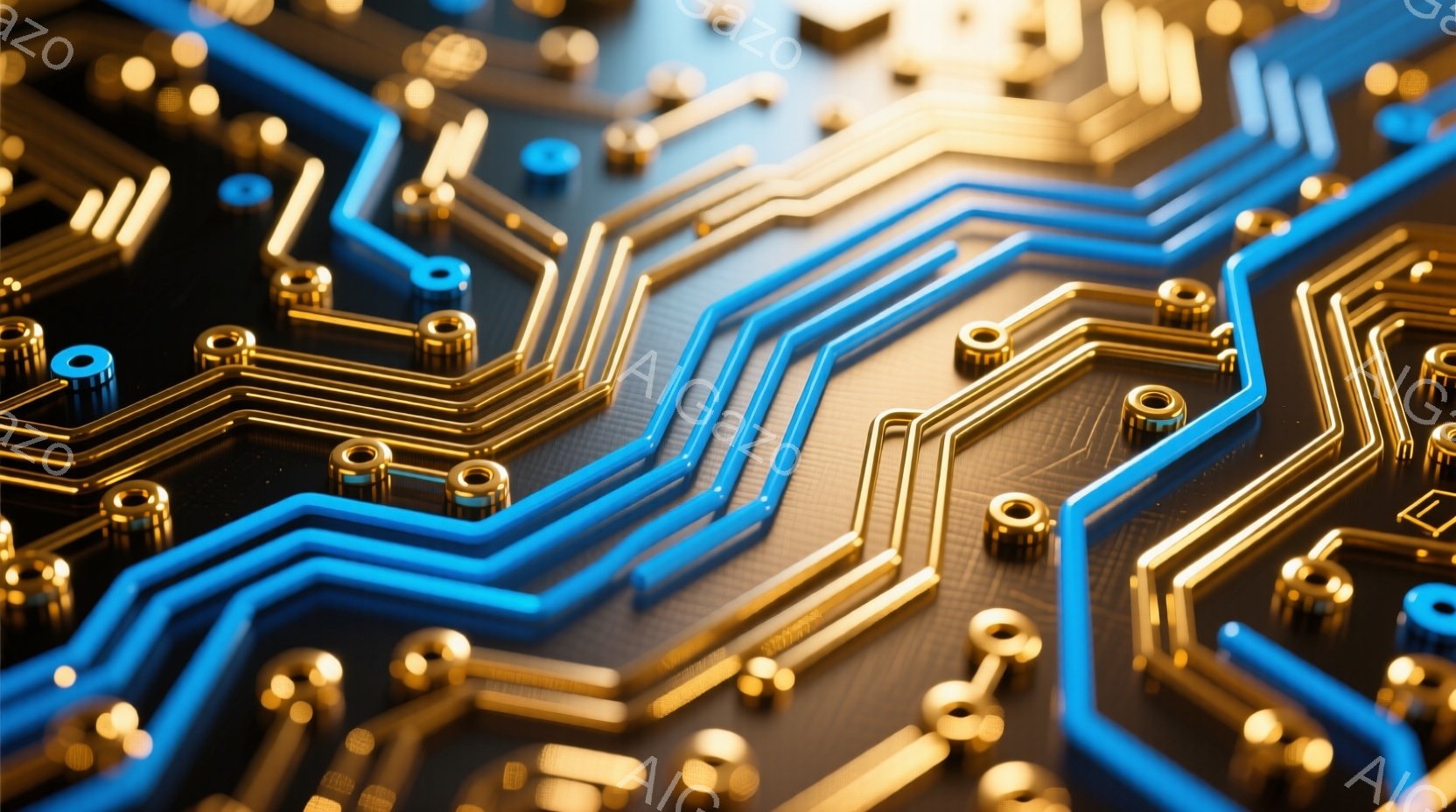 鮮やかな青い配線と金色の電子回路が、暗い背景の上に複雑に配置された様子が捉えられています。回路は六角形や直線で構成され、未来的なテクノロジーを想起させるデザインとなっています。全体的に洗練された印象で、精密な電子機器の内部構造を表現しているように見えます。