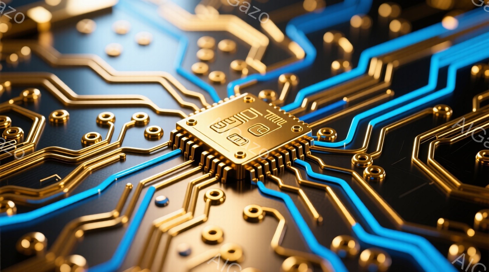 この画像は、黒い背景に金色の配線と青い光る線が複雑に組み合わさったプリント基板の一部を捉えています。中央には金色のマイクロチップが配置され、高度な技術と精密さを強調しています。全体的に、未来的で洗練された印象を与え、テクノロジーの進化を象徴しているようです。