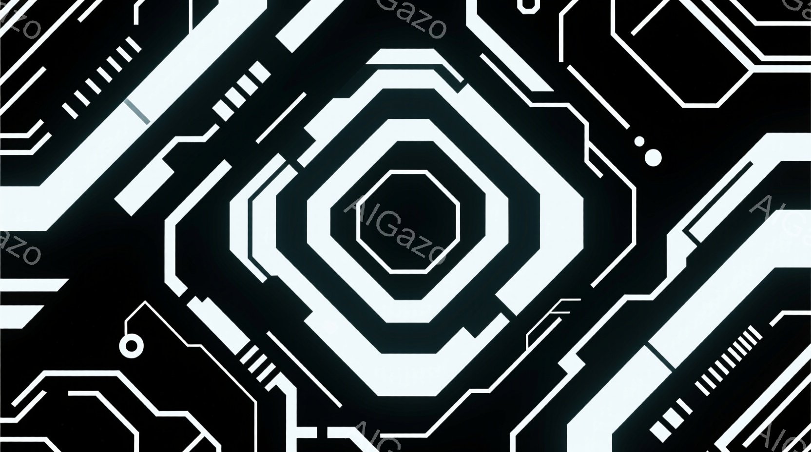 この画像は、黒背景に白い線で構成された幾何学的なパターンを示しています。中心には同心円状に配置された八角形が描かれており、線は様々な方向に伸び、複雑な回路のような印象を与えます。全体的に未来的な、テクノロジーを感じさせる雰囲気です。