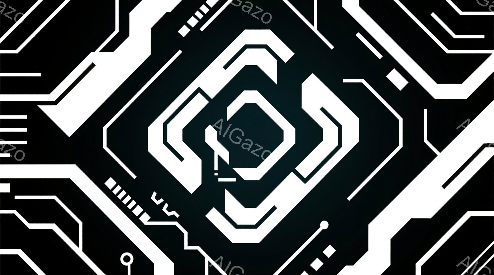 この画像は、黒背景に白い線で構成された抽象的なデザインです。中心には、いくつかの四角形が重なり合ったような図形があり、その周囲には細い線や小さな四角形のパターンが広がっています。未来的な回路やテクノロ - AI生成フリー素材