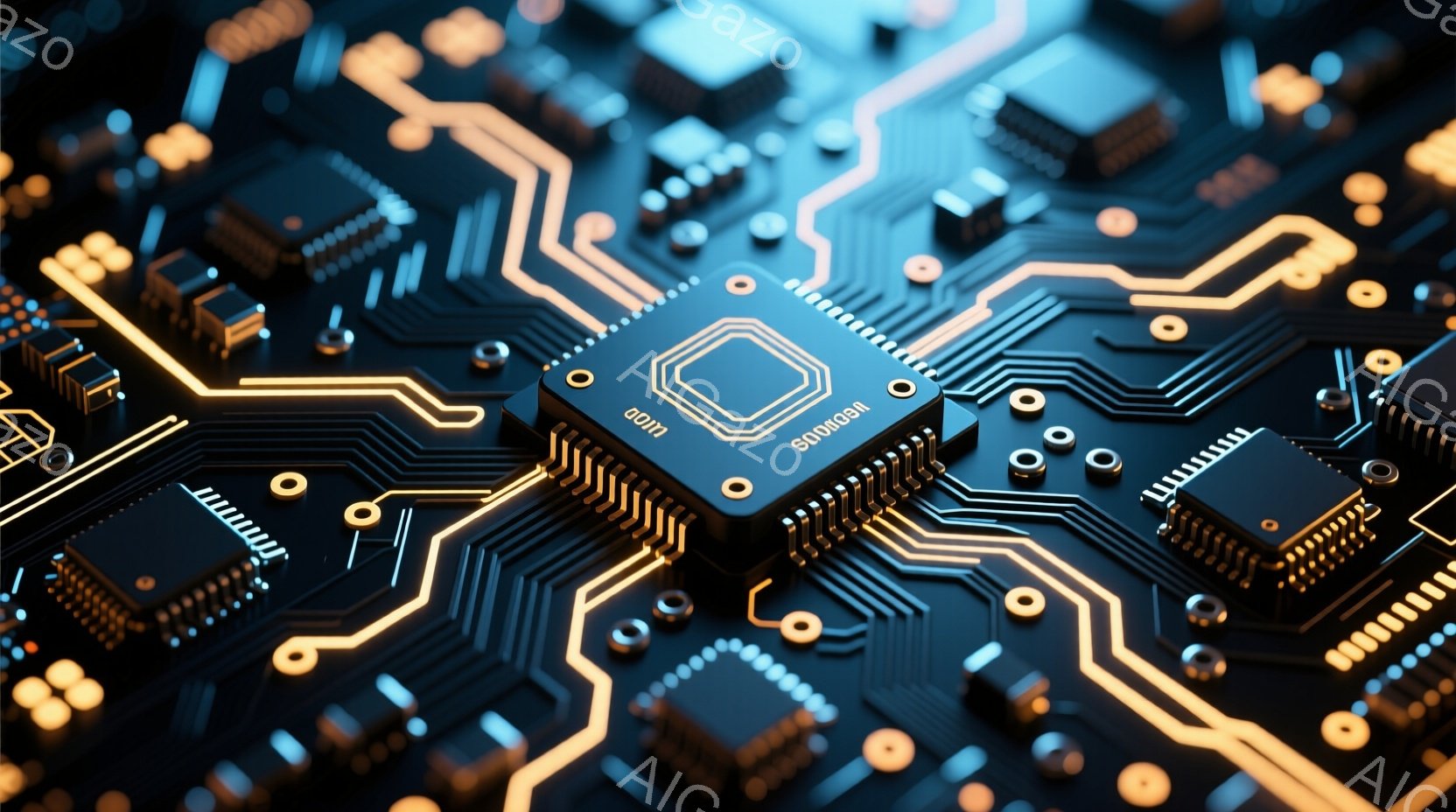 この画像は、複雑な回路基板をクローズアップしたものです。金色の線が青色の基盤上を複雑に走り、いくつかの電子部品が配置されています。特に中央の大きなチップが目立ち、高技術な電子機器の内部構造を表現しているようです。