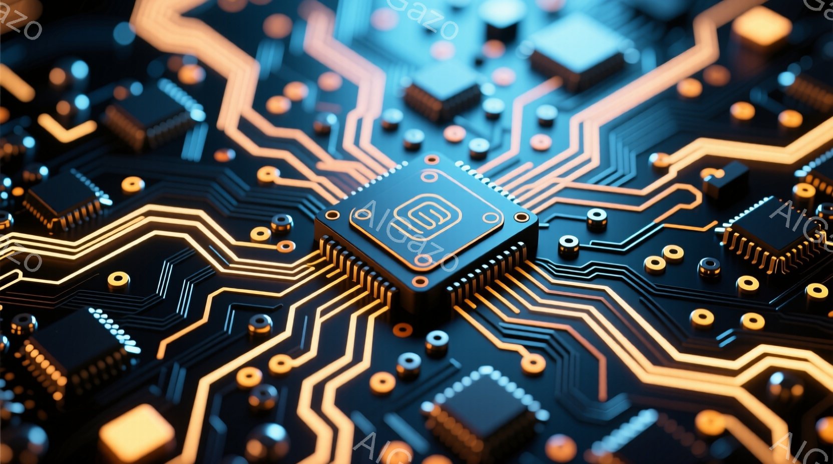 この画像は、複雑な回路基板をクローズアップしたものです。金色の線が青色の基板上を網の目のように走り、様々な電子部品が配置されています。鮮やかな色彩と光の反射が、近未来的なテクノロジーの雰囲気を醸し出し - AI生成フリー素材