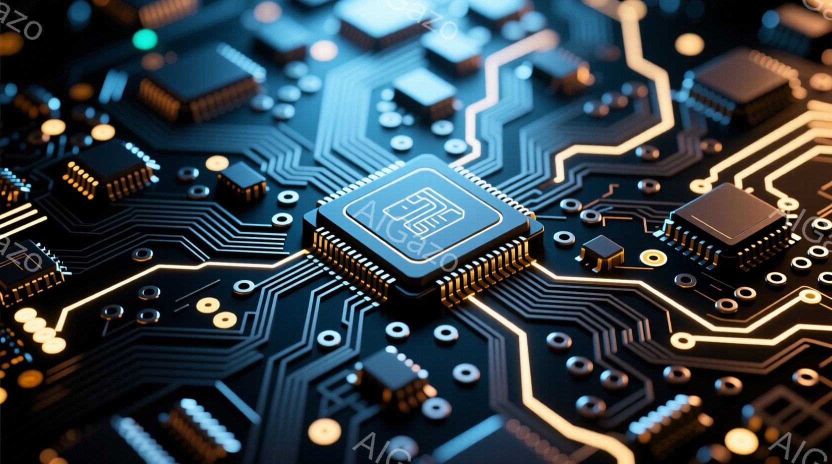 この画像は、複雑な回路基板のクローズアップです。様々な電子部品が規則的に配置され、金色の接点と光沢のある黒色の基板が特徴的です。青色の光が回路の一部を照らし、未来的なテクノロジーの雰囲気を醸し出してい - AI生成フリー素材