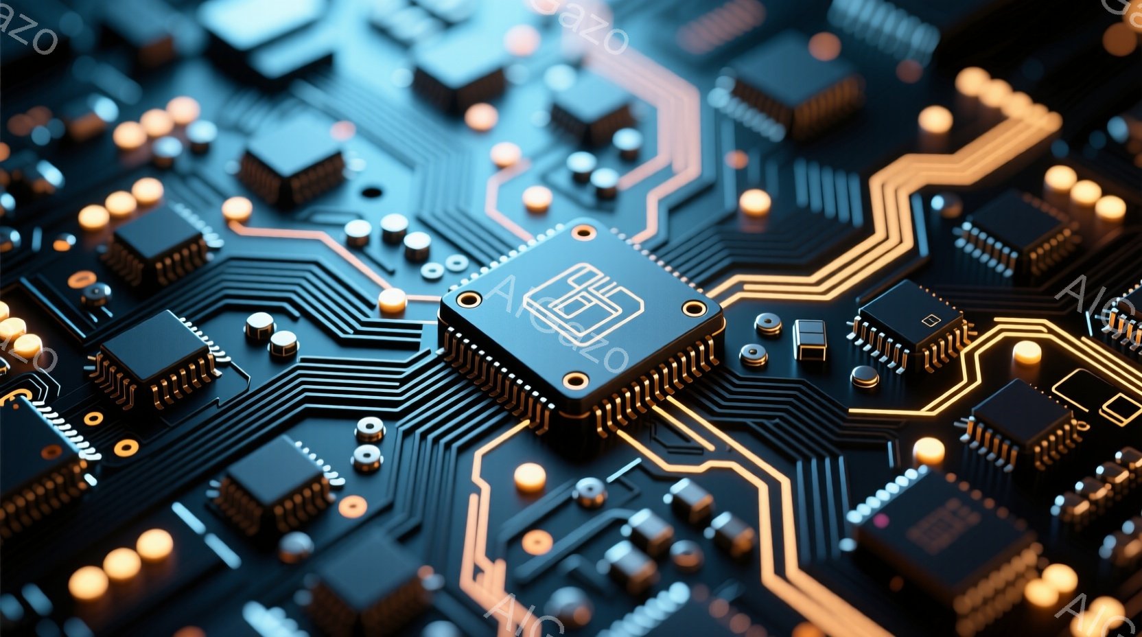 この画像は、複雑な電子回路基板のクローズアップです。金色の配線と様々な電子部品が黒い基板上に密集しており、高度な技術と精密さを感じさせます。鮮やかな光と影の効果が、未来的な雰囲気とテクノロジーの進歩を - AI生成フリー素材