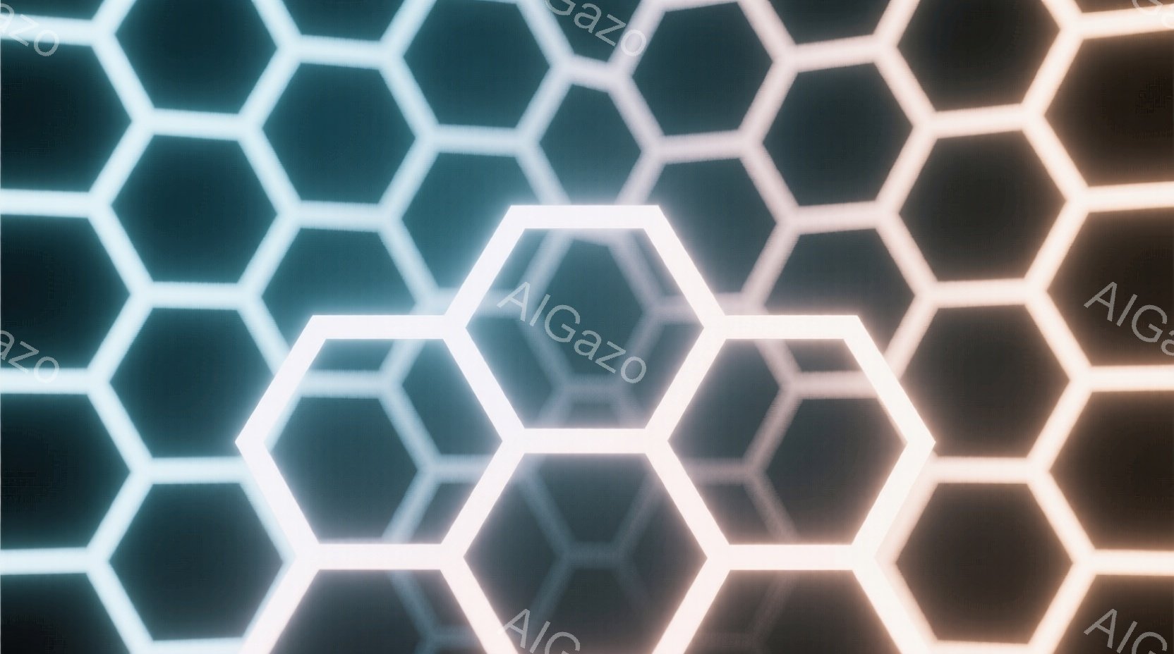 この画像は、光る六角形が規則的に並んだ抽象的な背景です。六角形は明るい白色で、濃いグレーまたは黒色の背景に浮かび上がっており、奥行きのある視覚効果を生み出しています。全体的に未来的な、またはテクノロジ - AI生成フリー素材