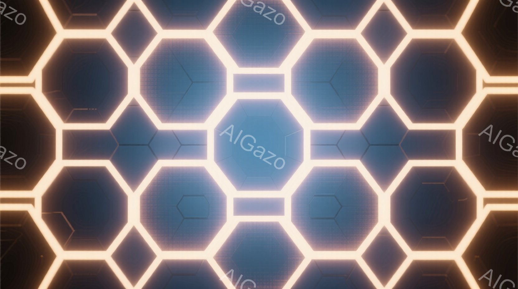 この画像は、互いに接続された六角形のグリッドで構成されており、明るいオレンジ色のネオンのような光で縁取られています。六角形の中は濃い青色で、光が中心に向かって集中しているように見えます。全体的に未来的 - AI生成フリー素材