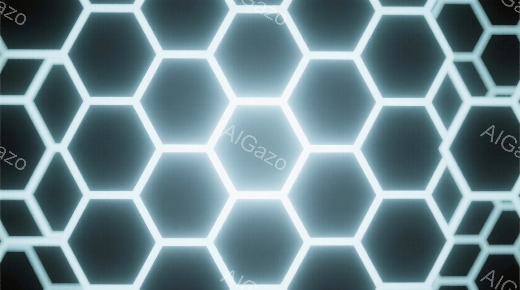 この画像は、規則的に並んだ六角形のパターンが特徴です。六角形は白く光っており、内部は徐々に暗い青色へと変化しています。全体的に未来的で、サイバーパンクな雰囲気を感じさせます。 - AI生成フリー素材